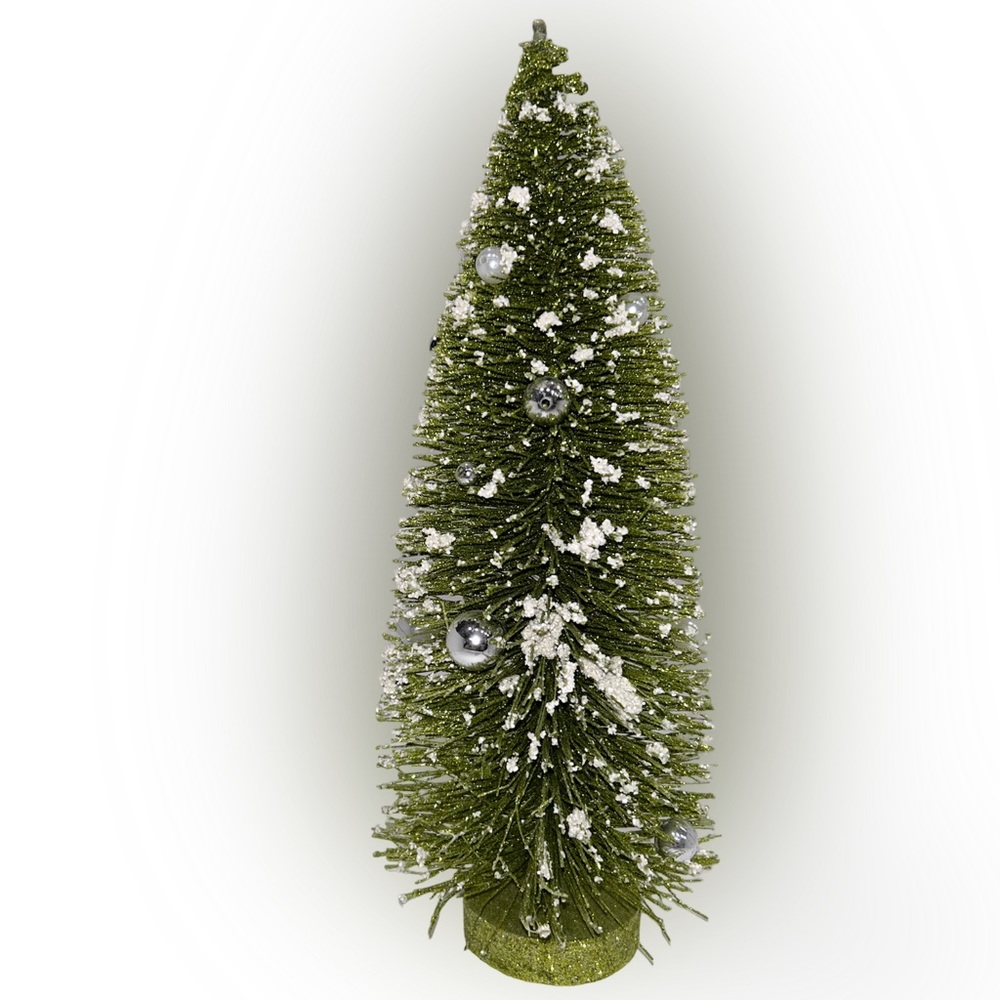 14” tall artificial pre-decorated Christmas pine tree with ornaments and flocked